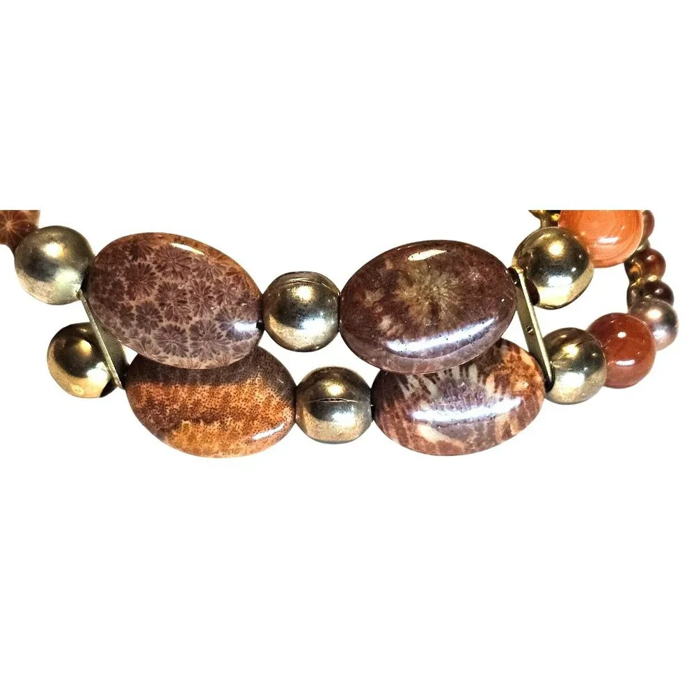 Vintage Bracelet Beaded Jasper Stone Gold-Tone‎ Glass Magnetic Closure